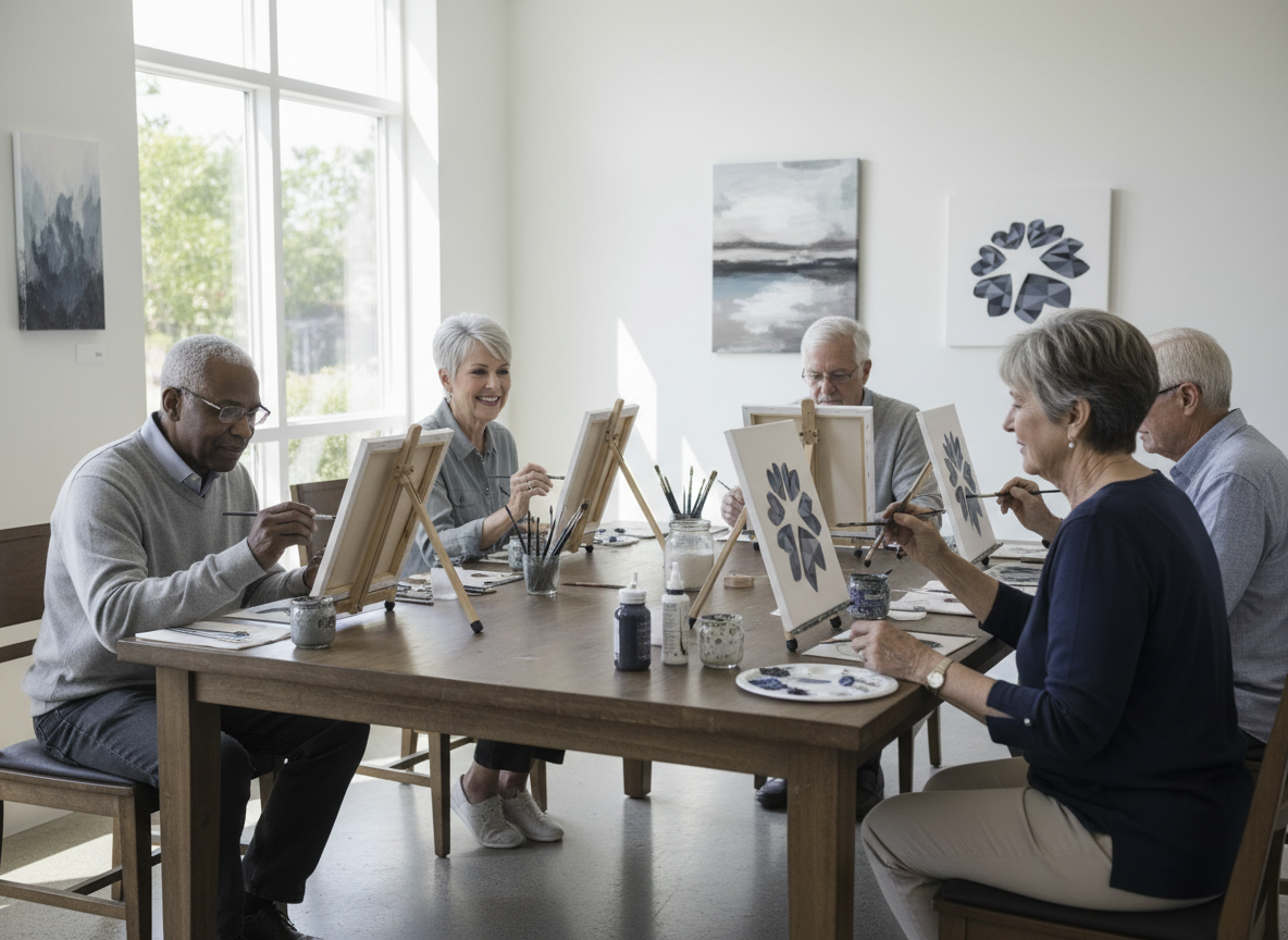 Seniors painting together at easels, enjoying active senior living Roseville activities at Sierra Regency.
