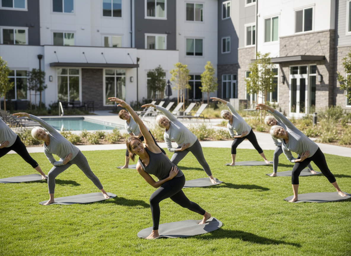 Seniors and an instructor doing yoga on mats on a lush green lawn, part of active senior living Roseville activities.