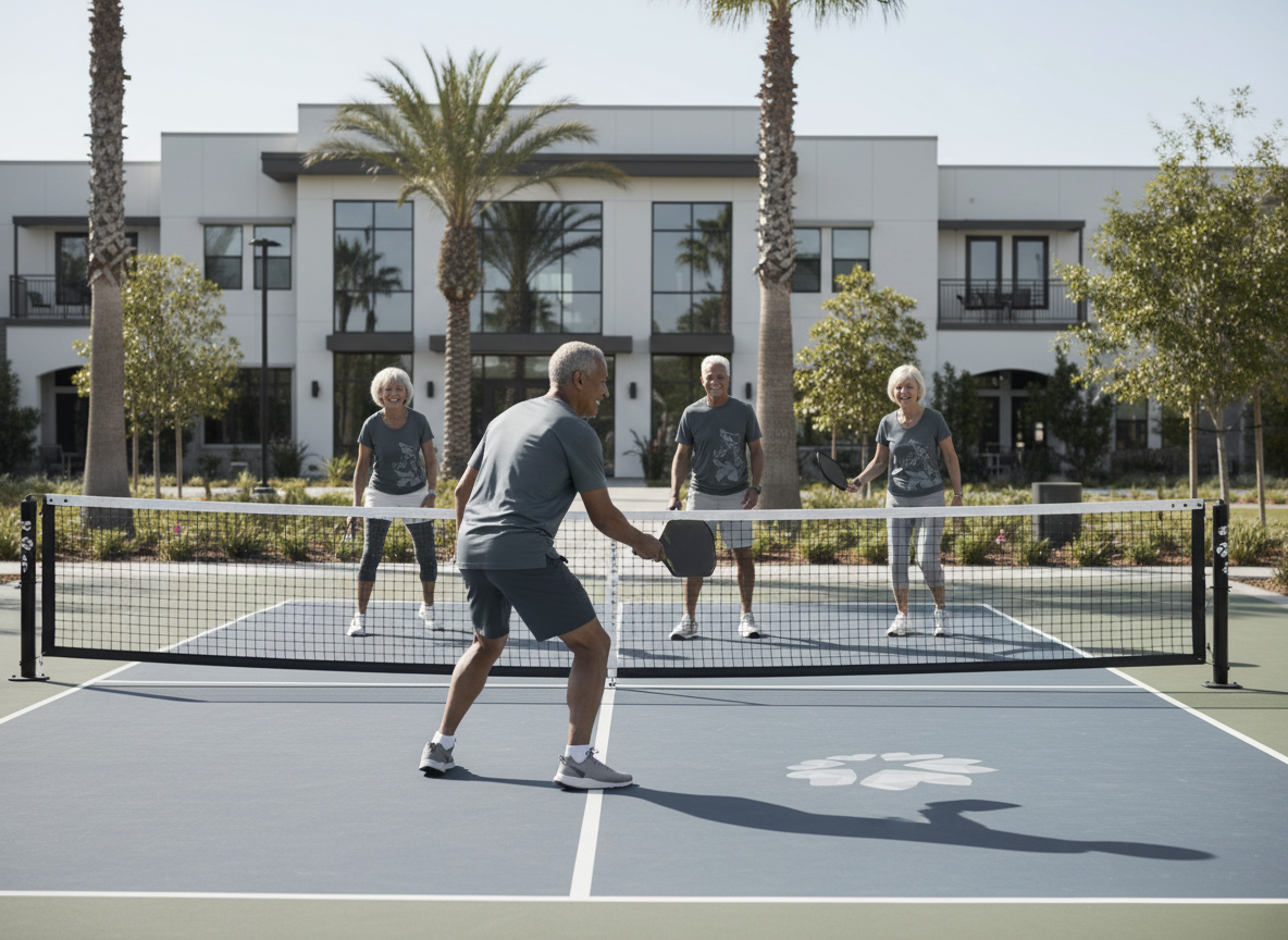 Four smiling seniors playing pickleball on an outdoor court at an active senior living facility.