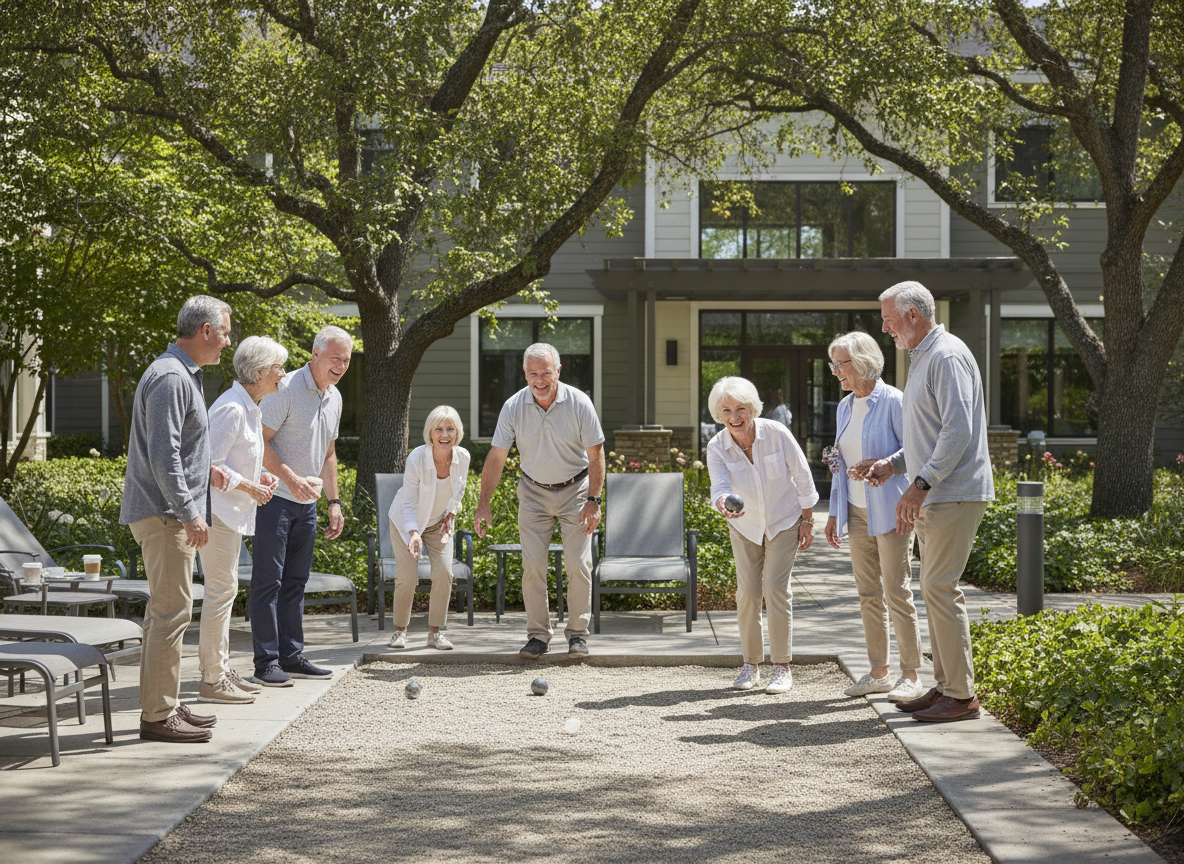 Seniors playing bocce ball on a sunny day, enjoying active senior living Roseville activities.