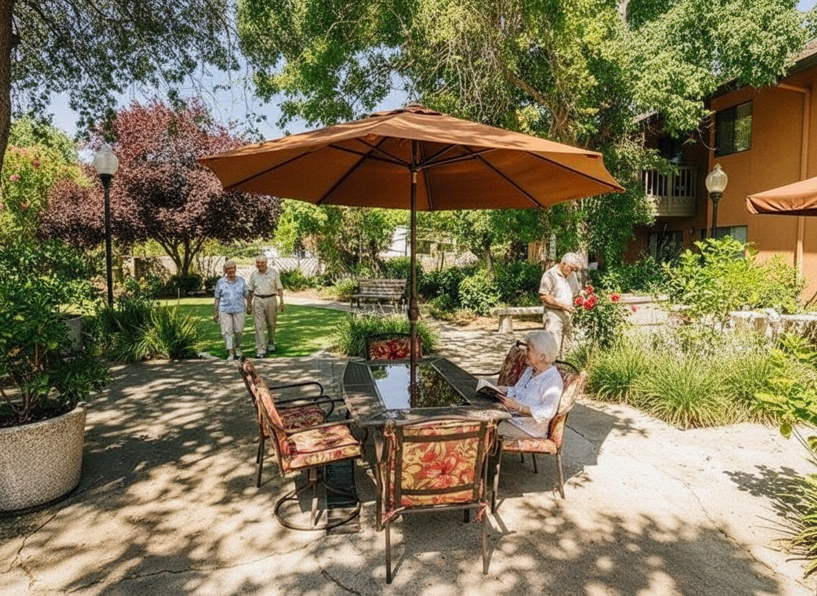 Seniors enjoying a shaded patio and garden, symbolizing comfortable aging in place Roseville CA.