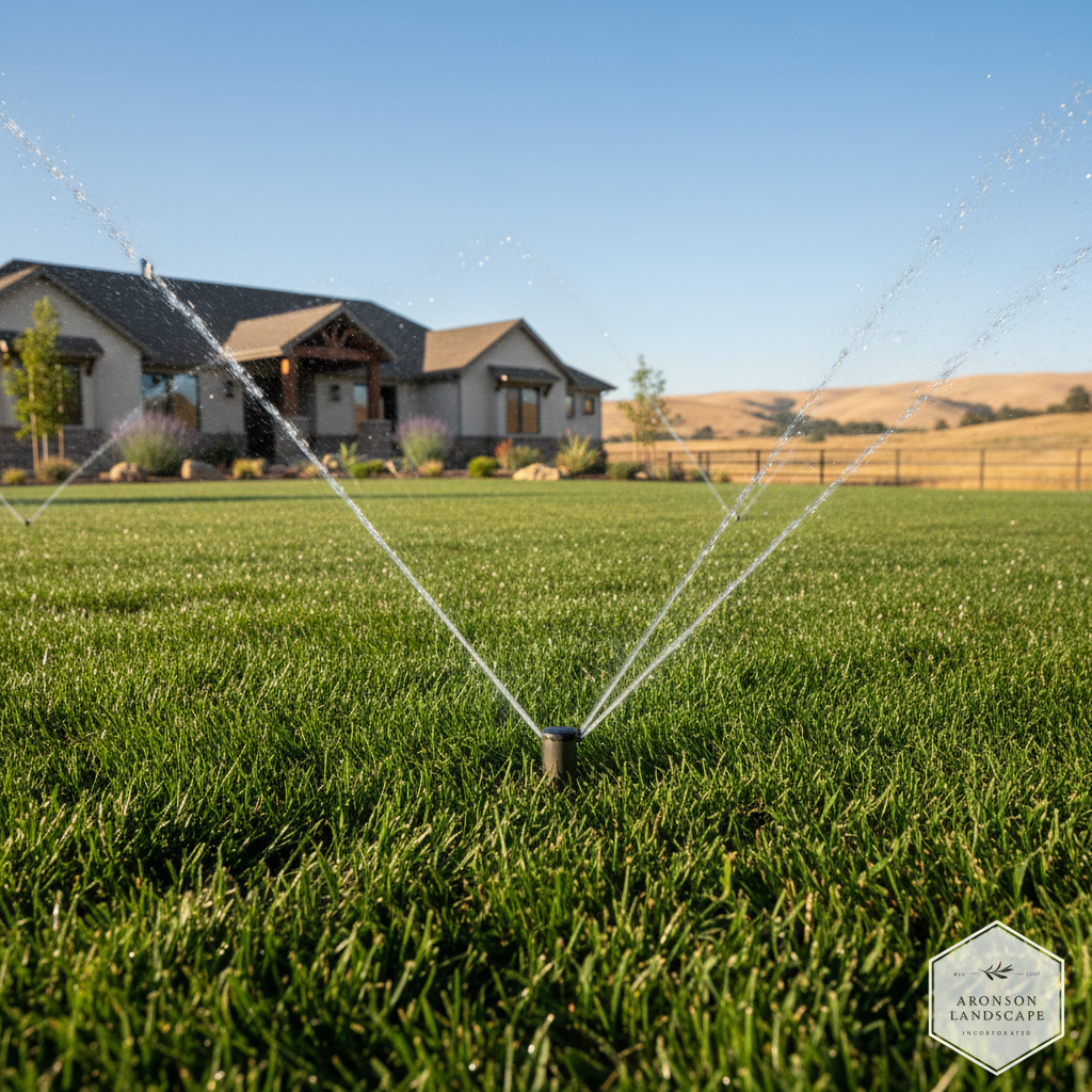 Sprinklers watering a lush green lawn in front of a house, vital for maintaining a healthy August landscape.
