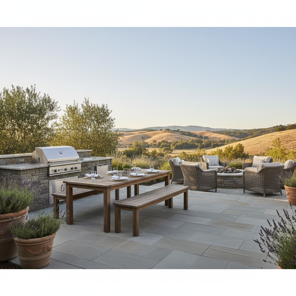 Stone patio with outdoor kitchen, dining table, fire pit, and seating for an enjoyable outdoor space.August landscape care placer county