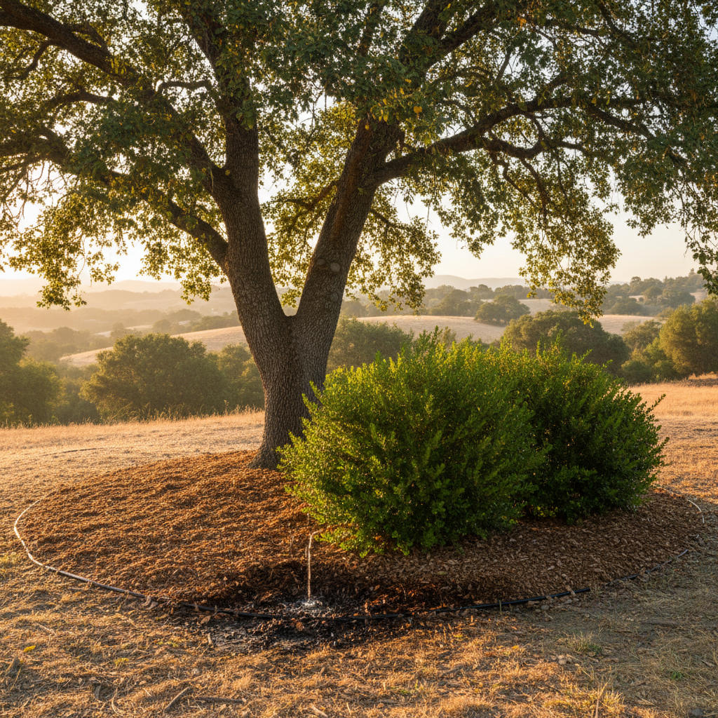 Mature tree with mulch, green shrubs, and drip irrigation in a sunlit August landscape setting.
