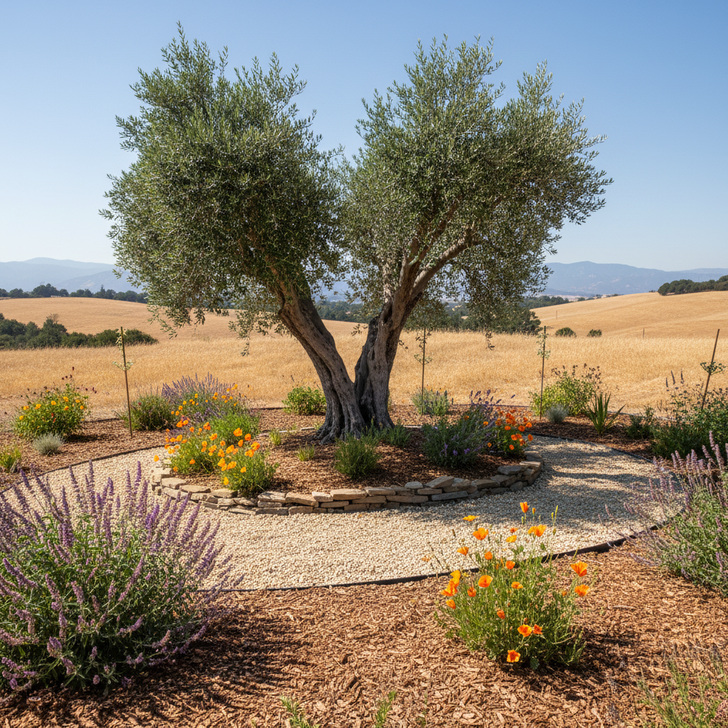 An olive tree centerpiece with flowering plants and a gravel path, surrounded by a golden field under blue skies for August landscape care.