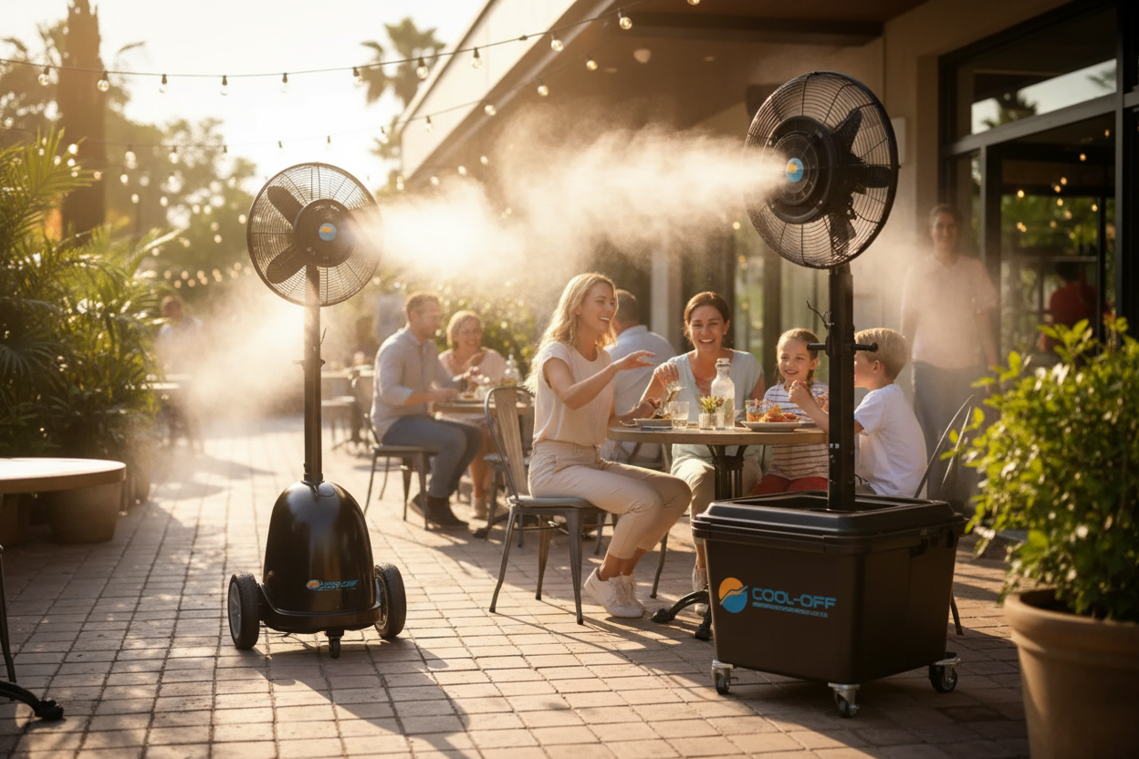 Two black portable misting fans cooling a sunny outdoor patio where families are dining.