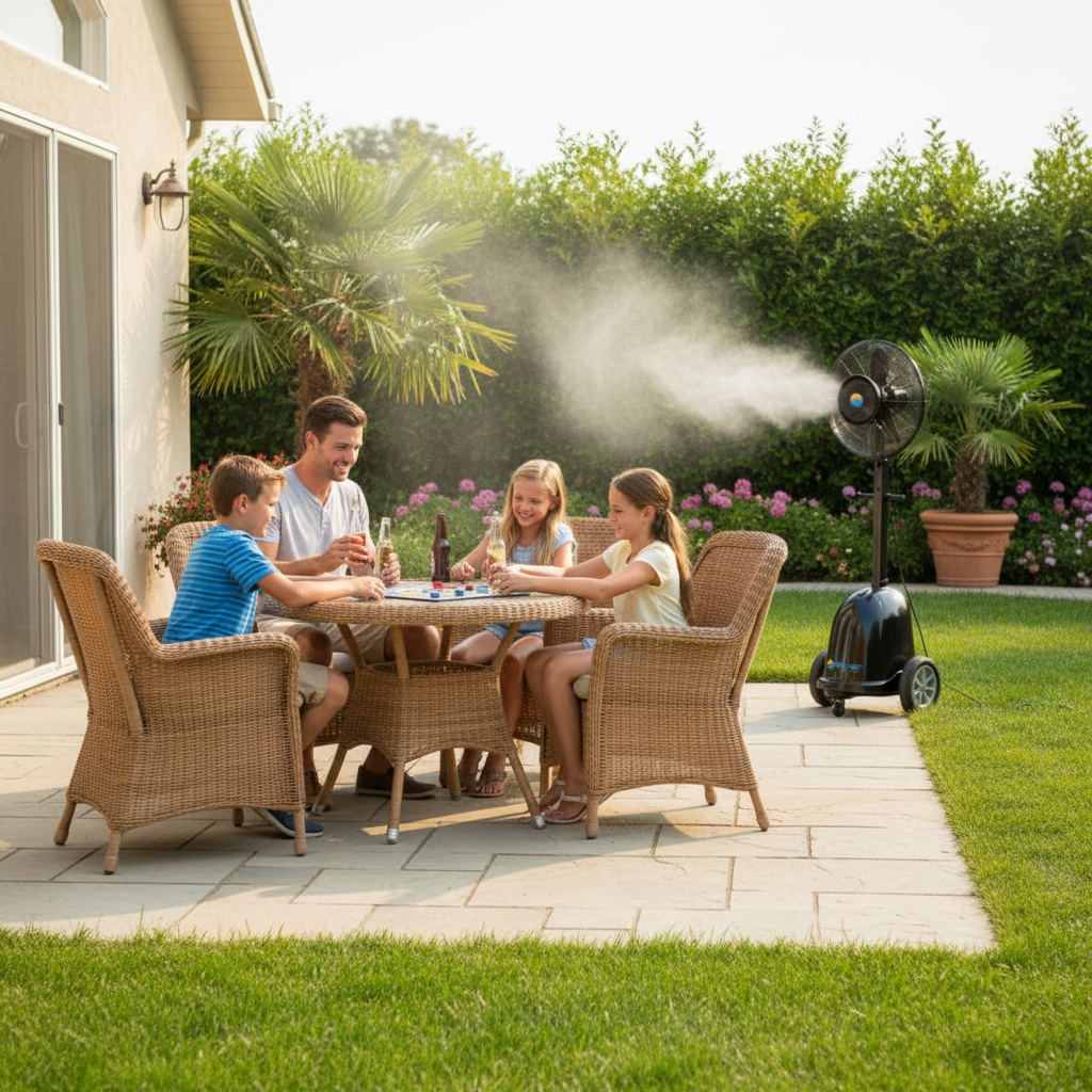 Family on a patio with a misting fan, illustrating key factors for the best portable misting fans for patio.