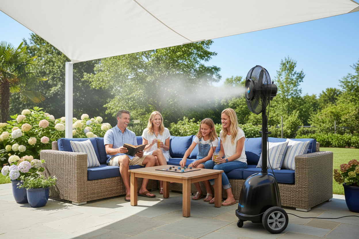 Family enjoying their patio with a black portable misting fan, showcasing best portable misting fans for patio.