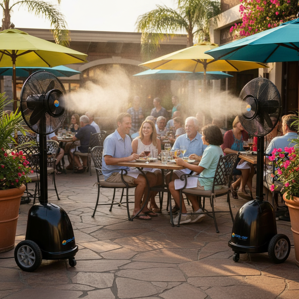Patrons enjoying a restaurant patio cooled by two black portable misting fans. Best portable misting fans for patio comfort.