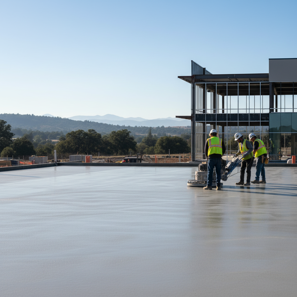 Three workers in green vests and hard hats finish a large gray concrete slab on a commercial site with mountains in the dista