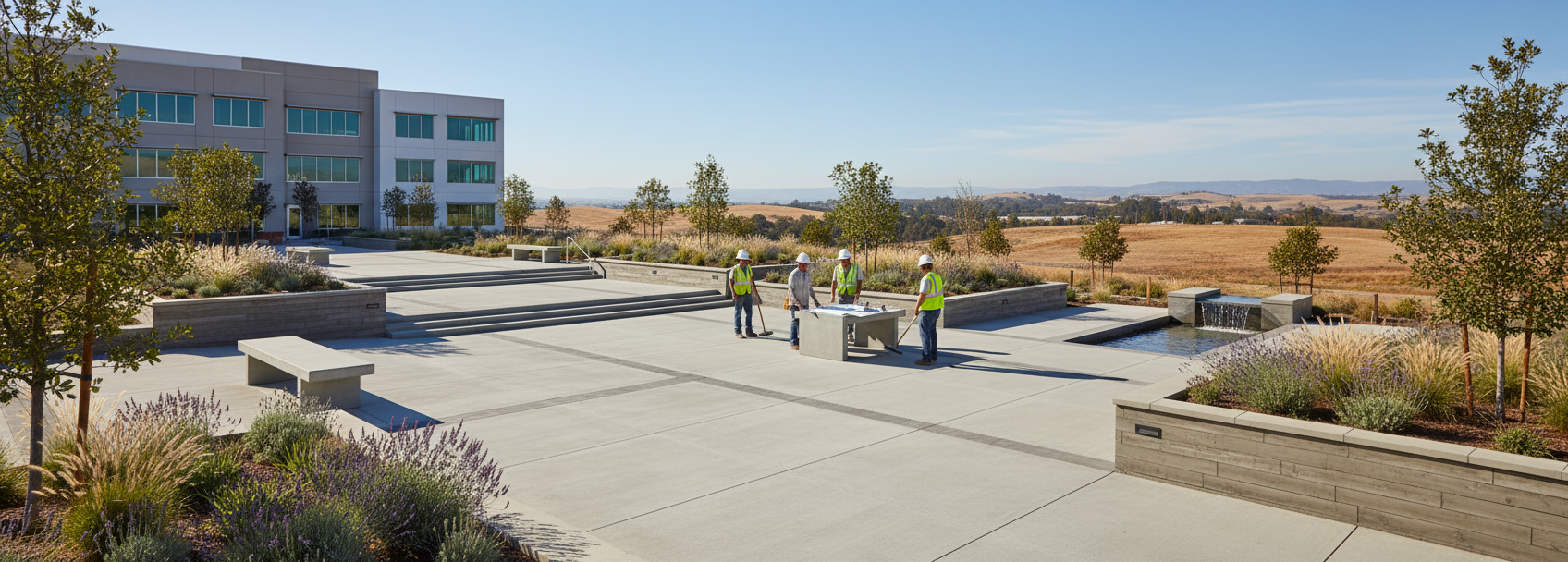 Workers consult blueprints on a large concrete patio with landscaping, waterfall, and building, showcasing commercial concret