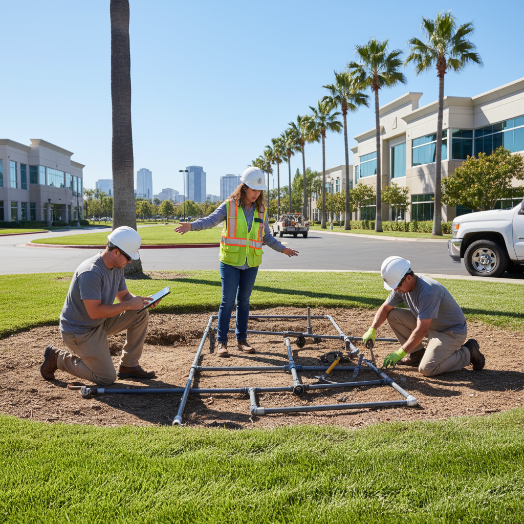 Three irrigation technicians, two men and one woman, working on commercial irrigation repair Sacramento.
