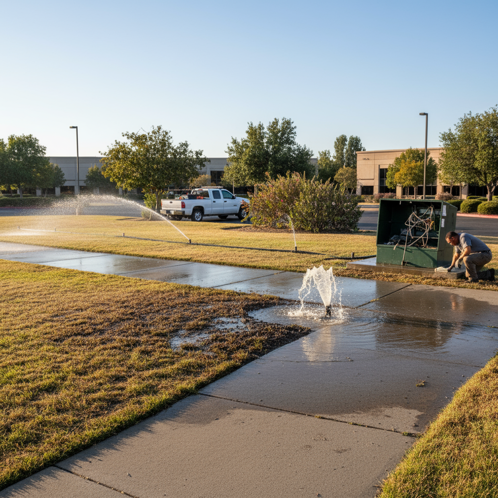 Technician repairing a gushing sprinkler head on a commercial lawn, common issue for commercial irrigation repair Sacramento.