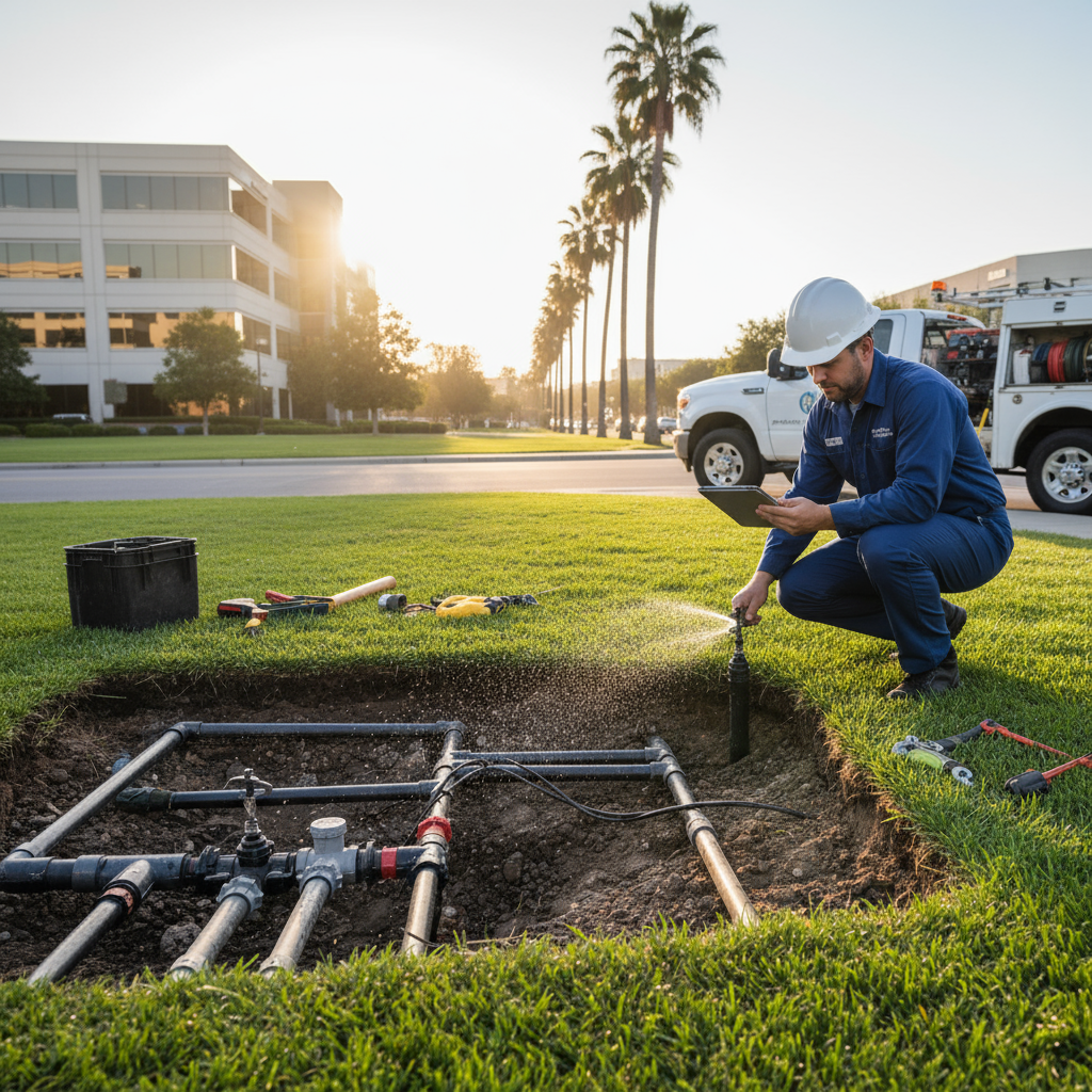 Technician in a hard hat crouches, checking a sprinkler spraying water next to exposed pipes. Commercial irrigation repair Sa