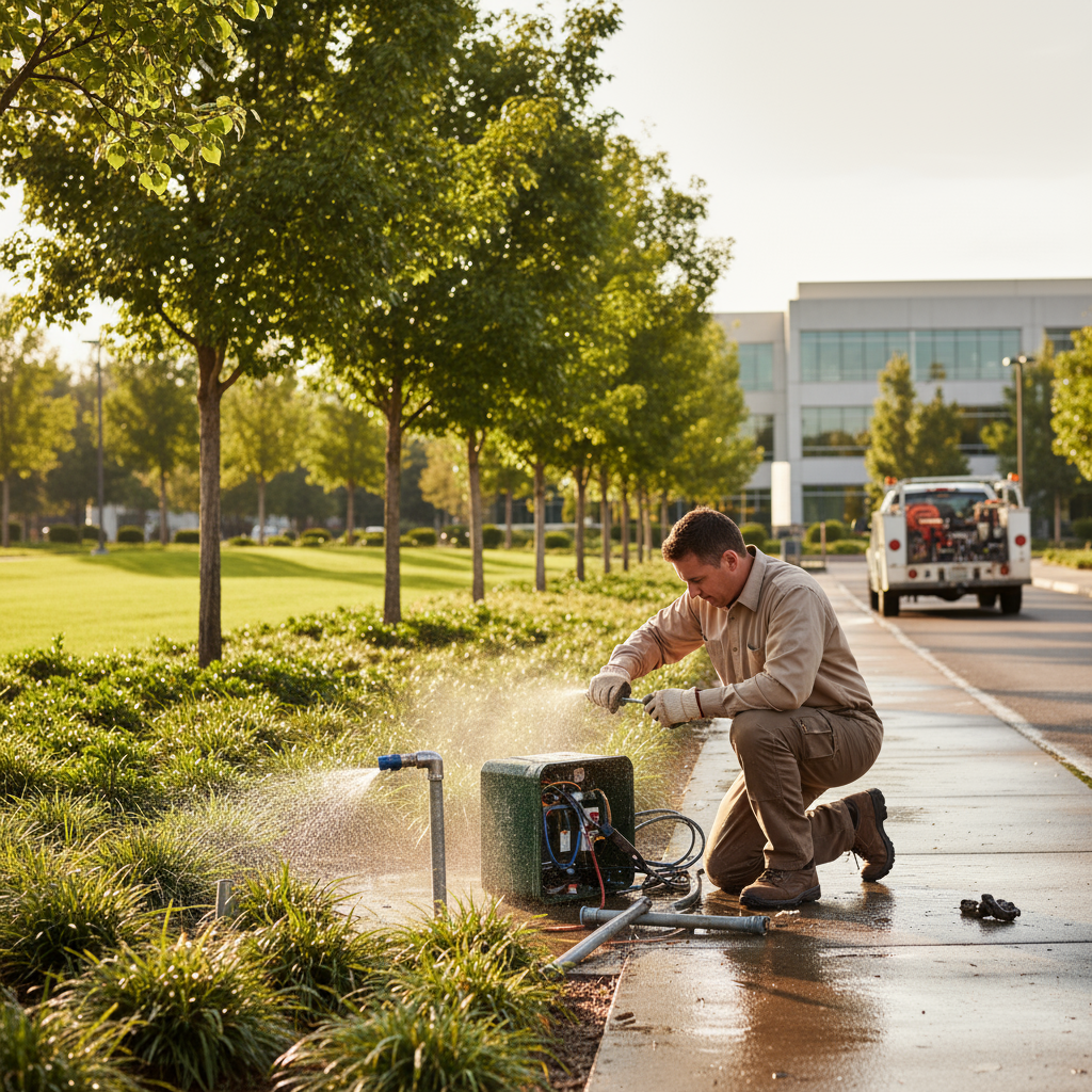Technician fixing a commercial irrigation system valve, water spraying, with a work truck in the background, Sacramento.
