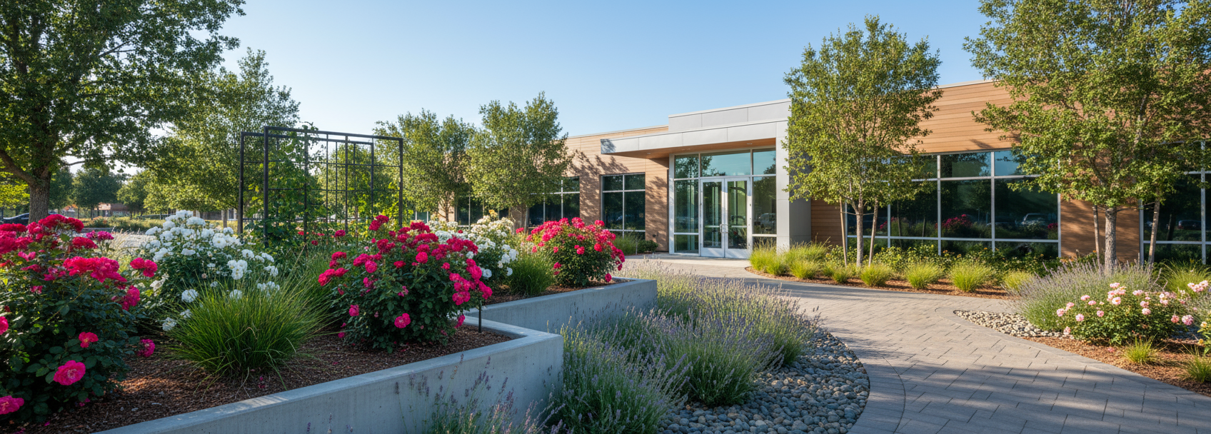 Beautiful commercial landscaping Roseville: Modern building entrance with vibrant rose bushes, lavender, trees, and stone wal