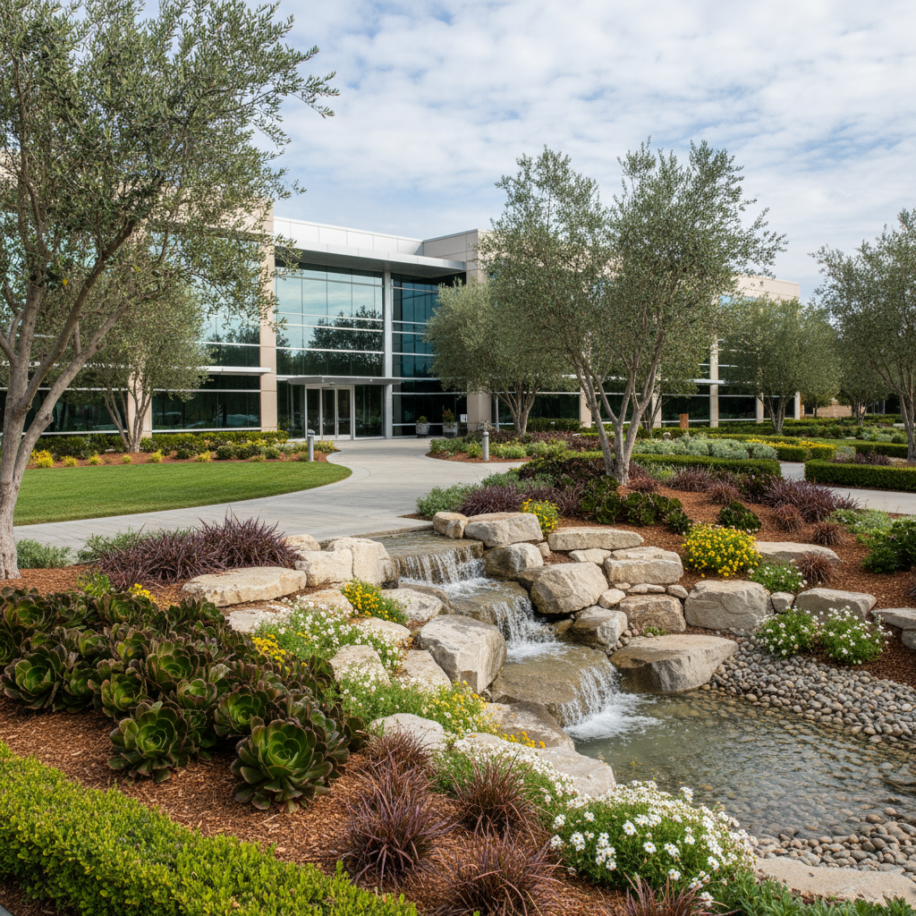 Modern commercial building with lush landscaping, a rock waterfall, olive trees, and colorful plants for commercial landscapi
