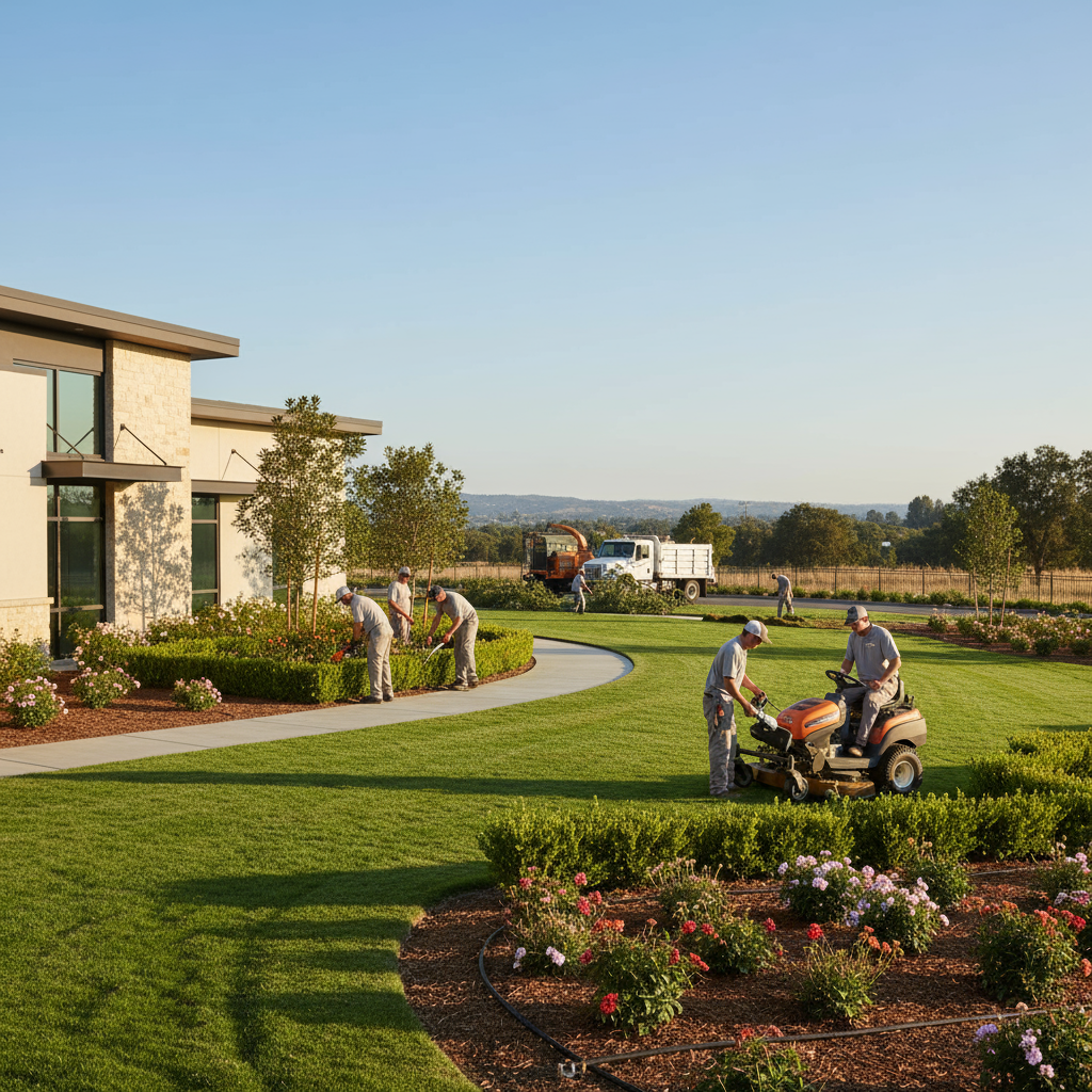Crew performing commercial landscaping in Roseville: trimming hedges, mowing lawns, and using a wood chipper.