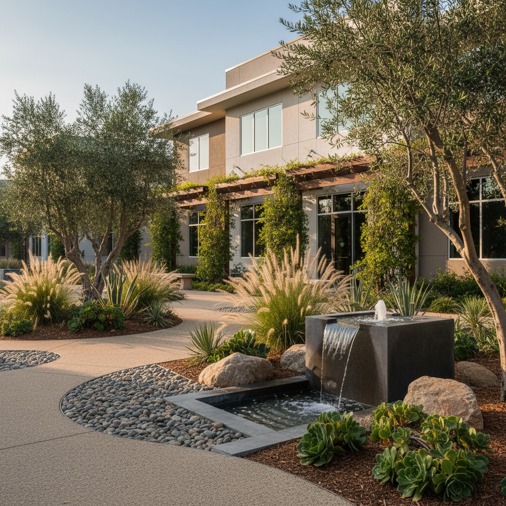 Sustainable commercial outdoor living area featuring water-wise landscaping, elegant olive trees, a decorative fountain, and a paved pathway designed for drought tolerance in Placer County