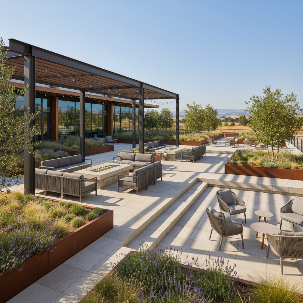 Modern commercial outdoor living area with a stylish fire pit, comfortable shaded seating, lush planters, and vibrant landscaping showcasing current commercial property outdoor living trends Placer County businesses embrace