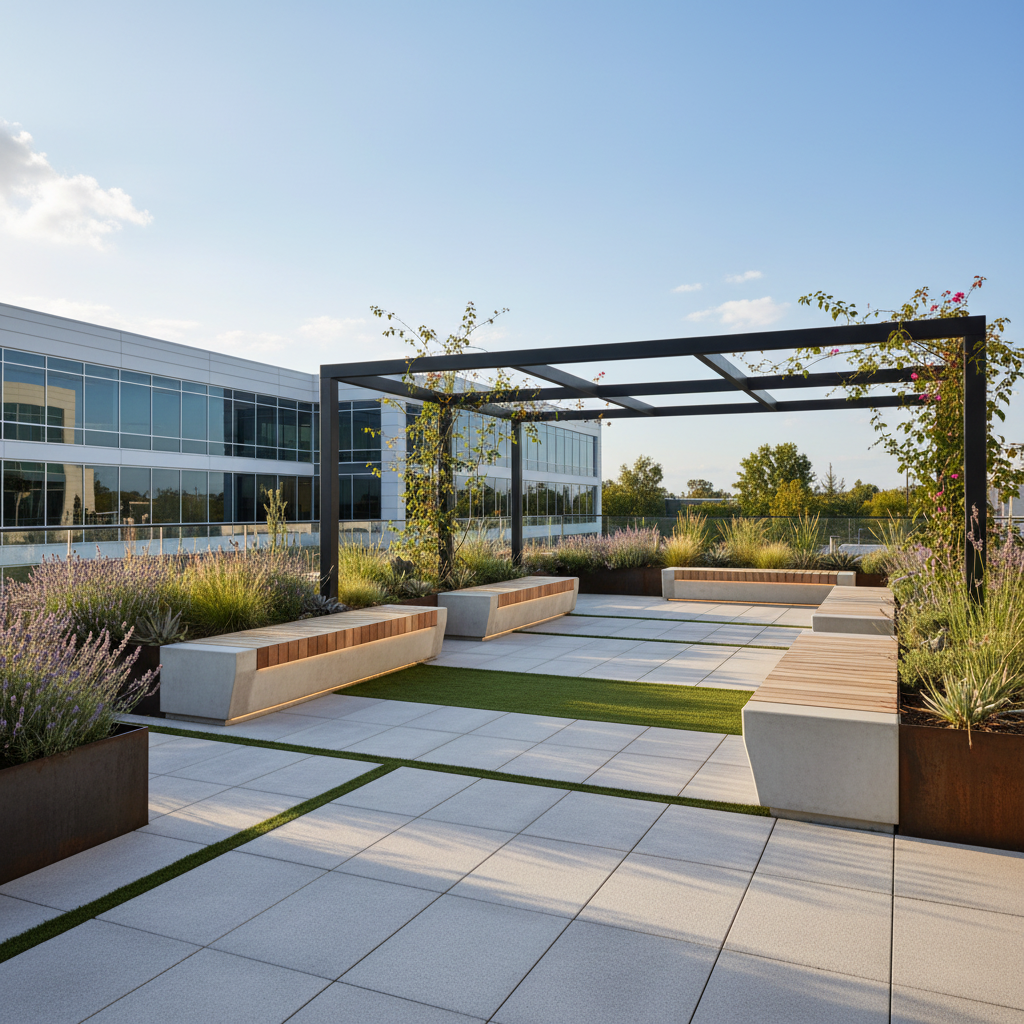 Contemporary commercial outdoor living space with sturdy pergola, integrated benches, vibrant planters, durable pavers, and artificial turf design for commercial properties in Placer County