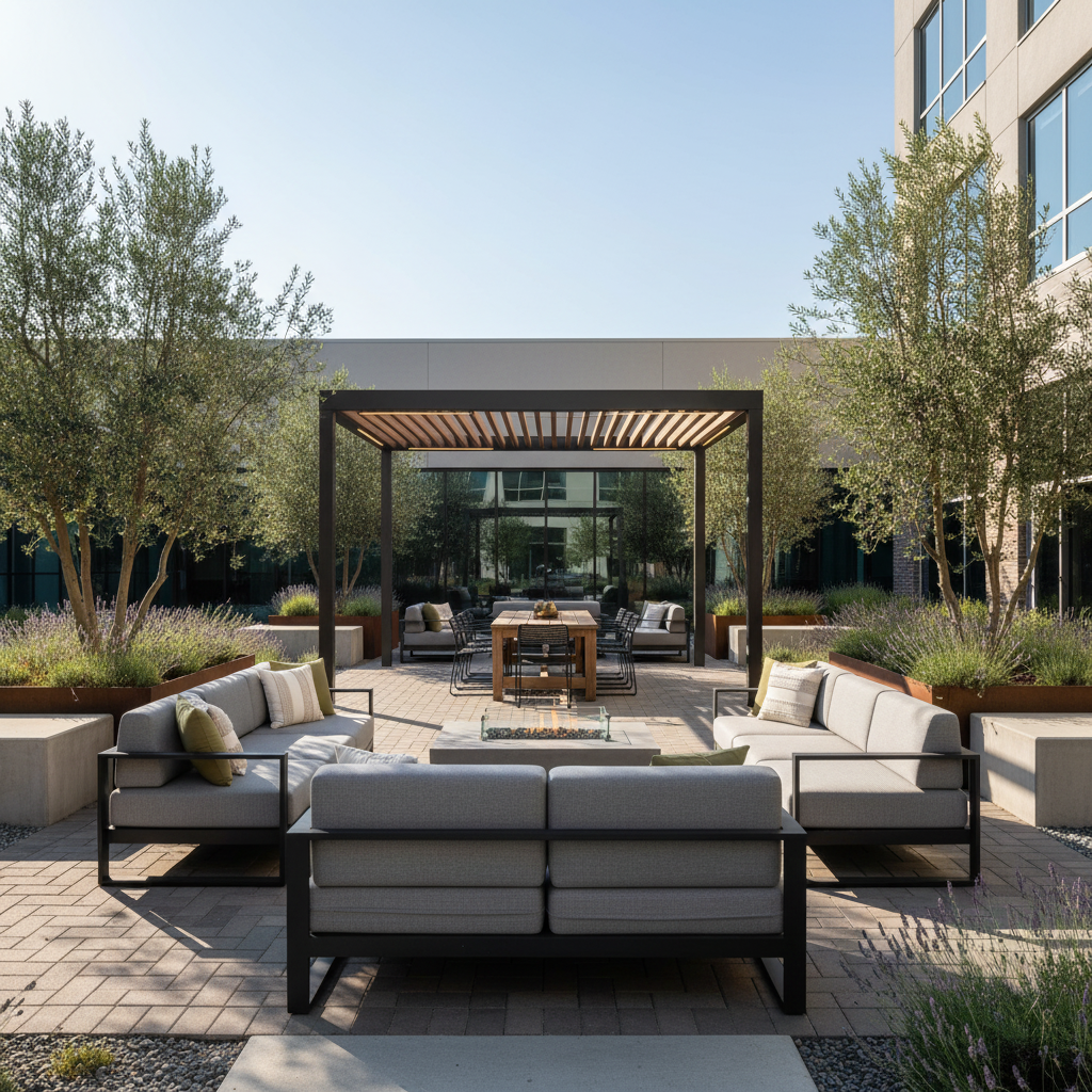 Inviting commercial outdoor space with shaded seating, dining, fire pit, and elegant olive trees, reflecting commercial property outdoor living trends in Placer County to enhance tenant appeal and property value