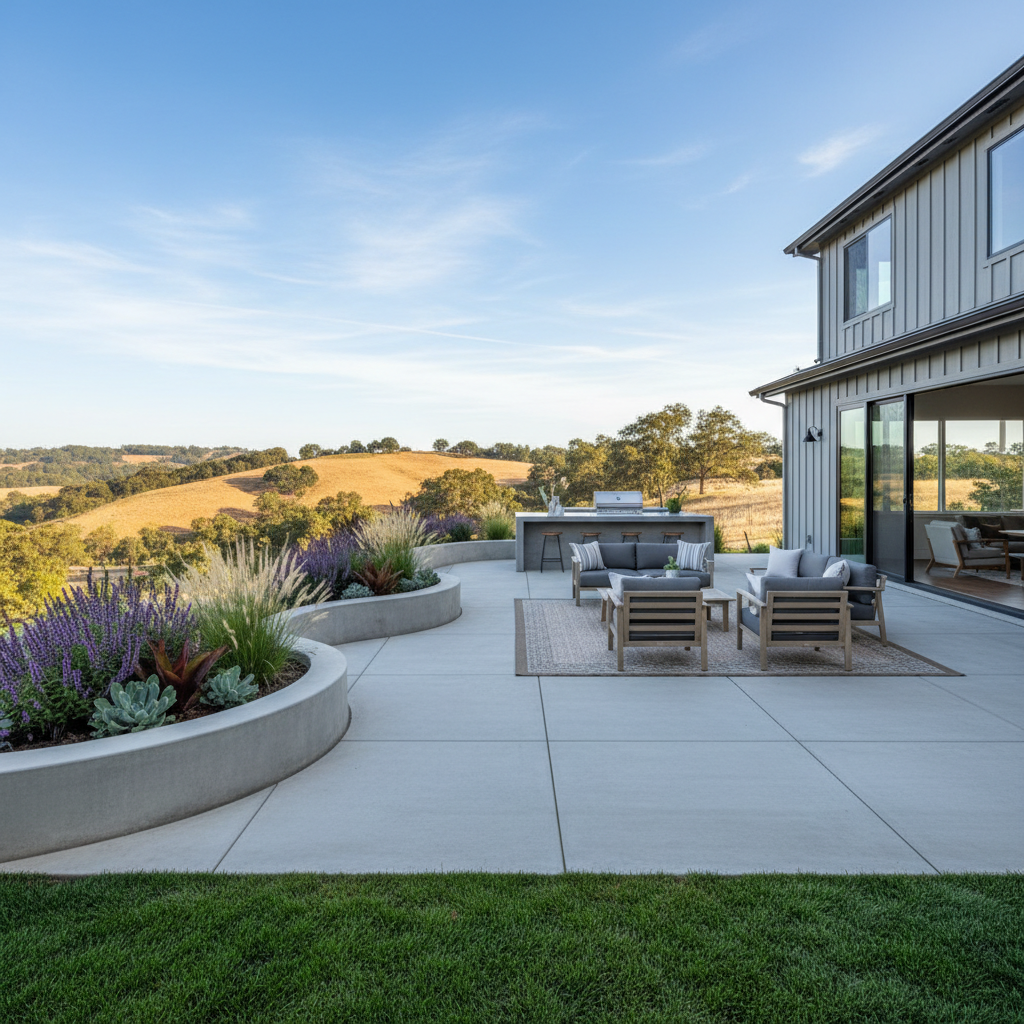 Light gray concrete patio with curved raised planters, outdoor furniture, and a BBQ area leading to a house. Concrete patio i