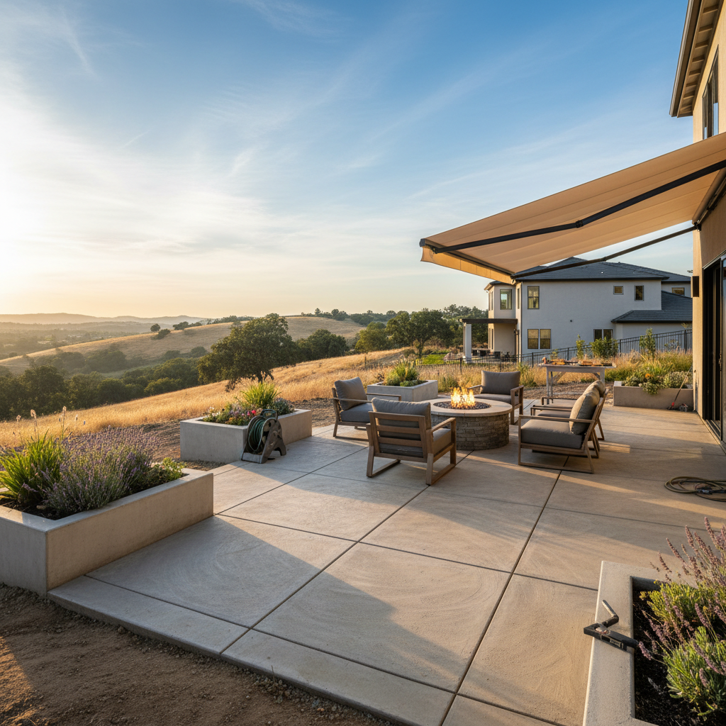 Spacious concrete patio installation in Newcastle, CA, features a fire pit, modern furniture, and hillside views at sunset.