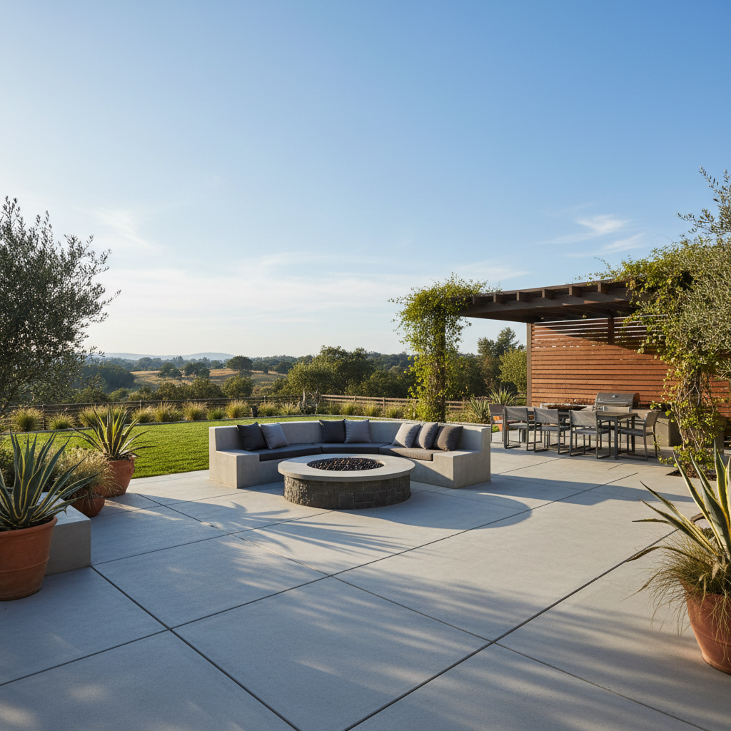 Spacious concrete patio with built-in seating, fire pit, dining area, and pergola overlooking a scenic valley. Concrete patio