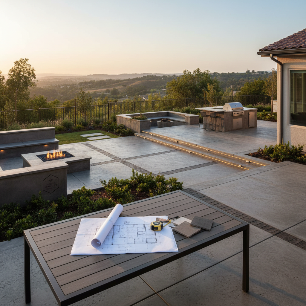 Concrete patio with fire pit, grill, and plans illustrating custom concrete patio design concepts that Placer County homes can adapt for outdoor living.