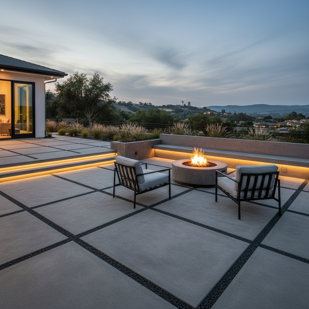 Modern concrete patio with square pavers, illuminated steps, built-in fire pit, and seating. Custom concrete patio design ideas for contemporary outdoor spaces.