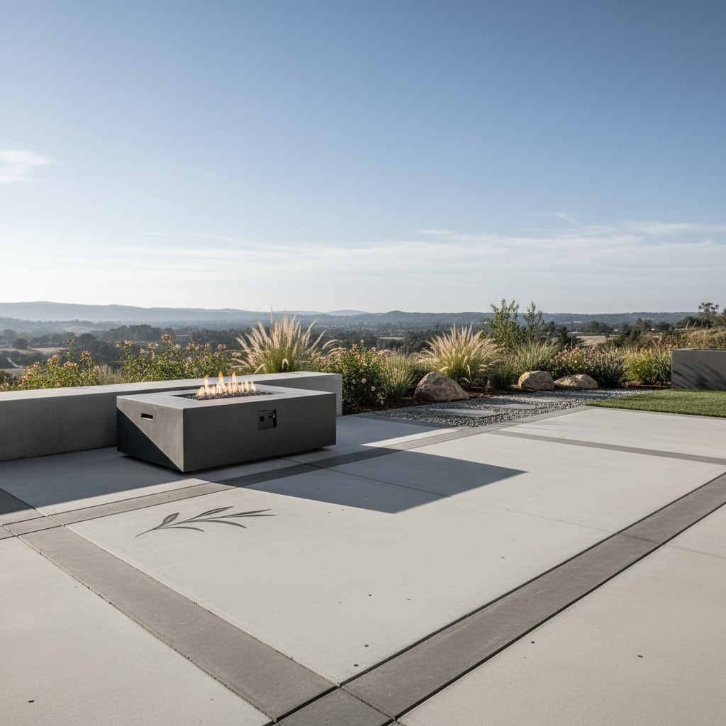 Sleek concrete patio with a modern fire pit, integrated seating, and decorative plant designs, showcasing custom concrete patio design for a contemporary home.