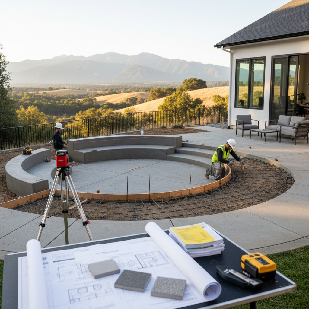 Workers constructing a round concrete patio with built-in seating, showcasing custom concrete patio design ideas Placer Count
