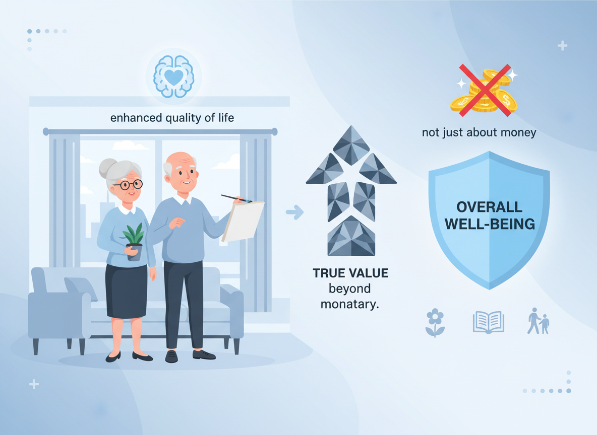 Illustration: Senior couple, brain icon, and growing arrow. Highlights enhanced quality of life, overall well-being, and true