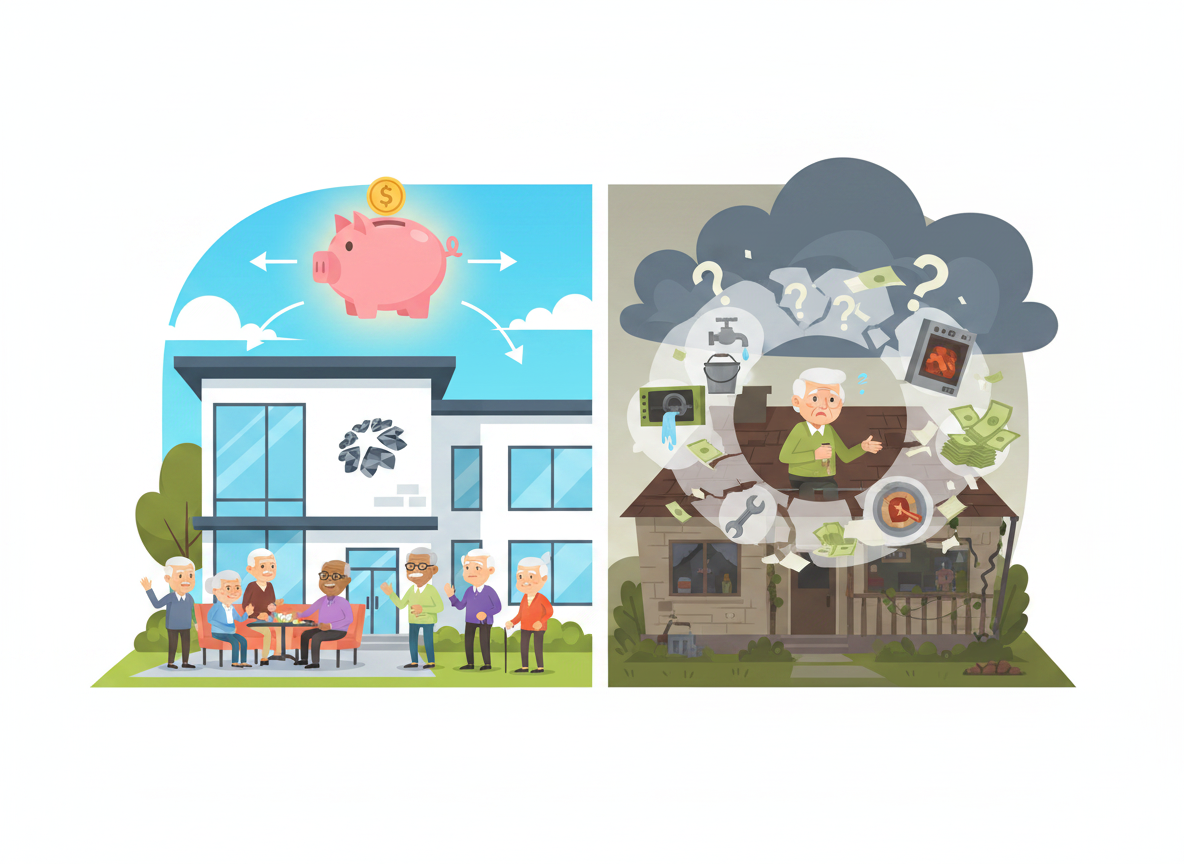 Illustration comparing the costs of independent living against aging in place at home, detailing financial savings