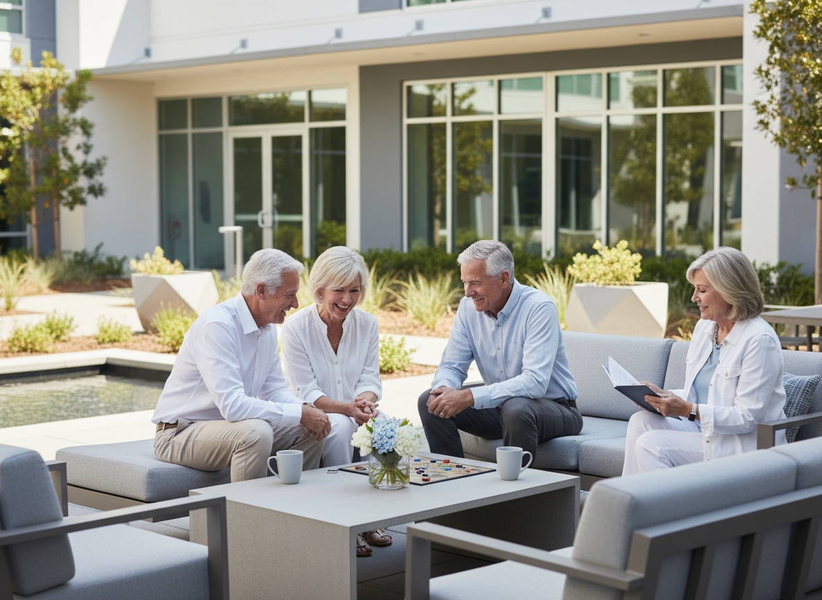 Four happy seniors socializing outdoors, playing a board game at an independent living Roseville retirement community, highlighting community spirit.