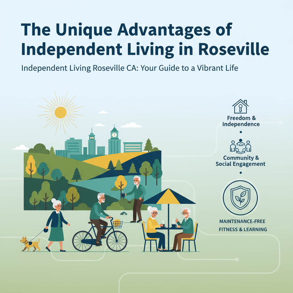 Independent living Roseville CA benefits: happy seniors enjoying vibrant community, modern apartments, and active lifestyle.