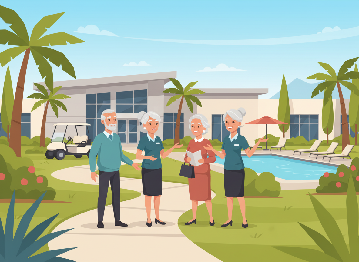 Senior couple on an independent living Roseville CA tour, viewing a community with a pool, palm trees, and golf cart