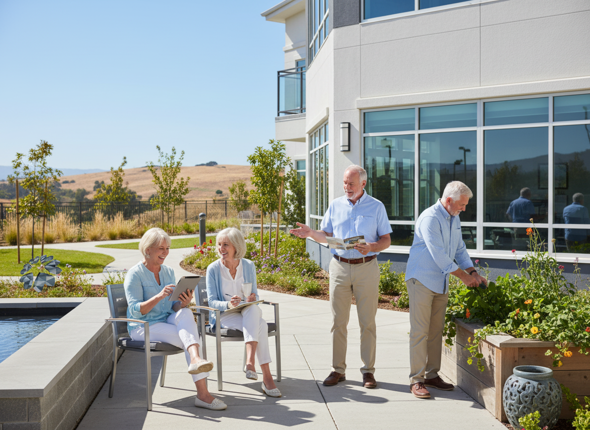 Seniors enjoying independent living in Roseville; two women sitting by a pool and two men gardening and talking, illustrating vibrant life.