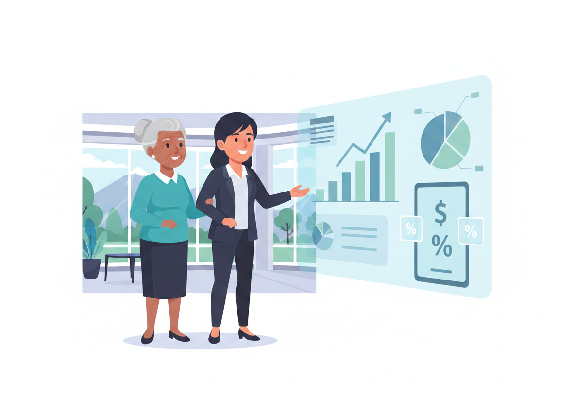 Woman explaining financial graphs and percentages to an elderly woman, discussing independent living community pricing details