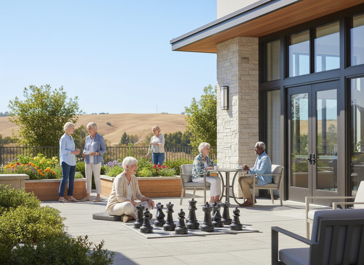 Seniors enjoying activities and conversation on a sunny patio, including a large outdoor chess set, symbolizing independent living for active seniors.