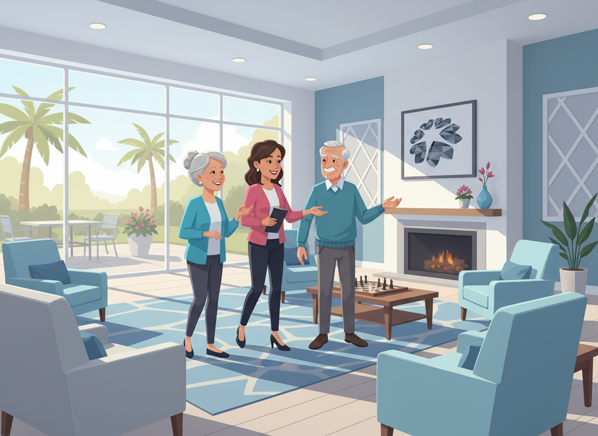 Friendly guide showing a senior couple a bright, inviting common room with lush palm trees visible outside during a guided senior living community tour