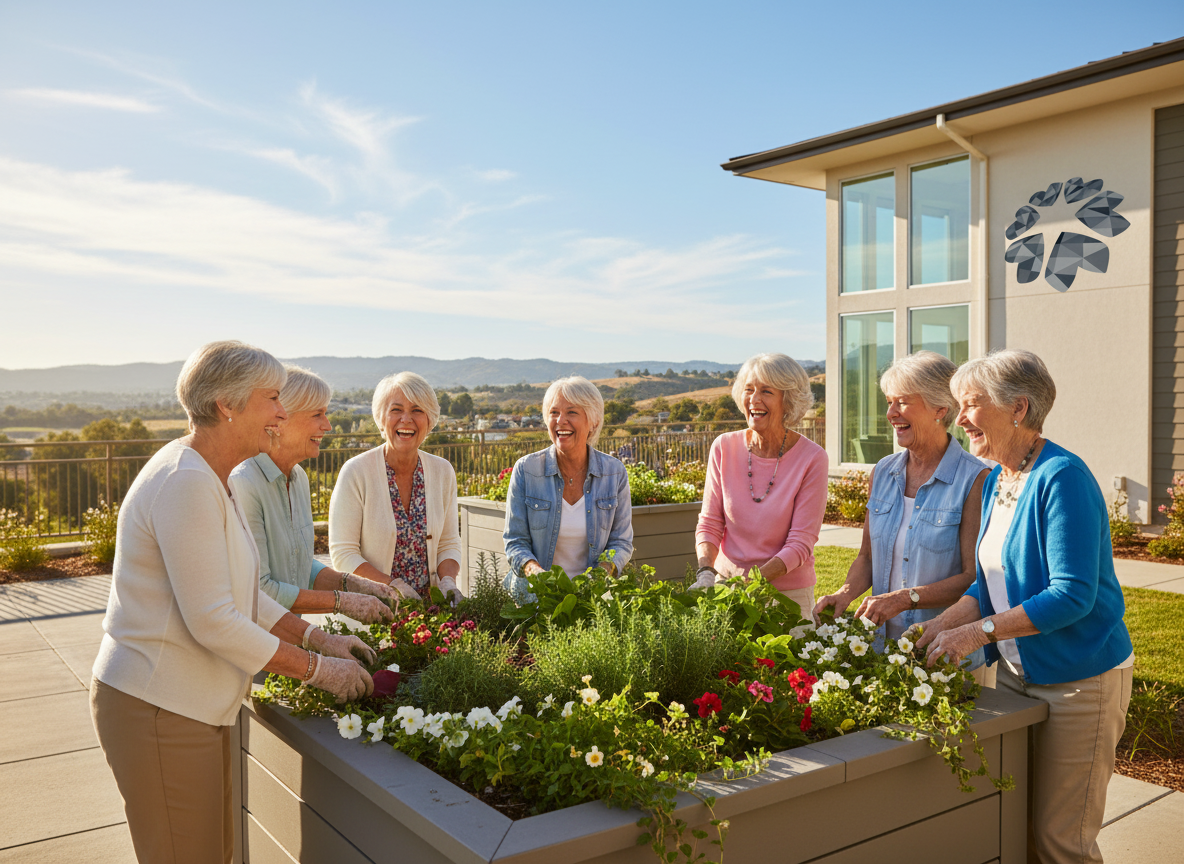 Smiling senior women gardening together in raised beds, illustrating independent living Roseville, retirement Placer County opportunities.