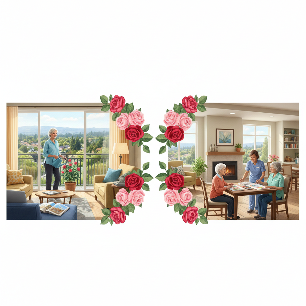 Two scenes with red and pink roses framing a senior woman watering a plant on a balcony and two seniors doing art with a care