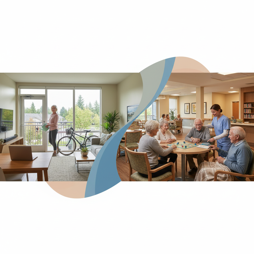 Left: Senior waters plants in modern apartment. Right: Seniors play board games with caretaker. Contrasting independent livin