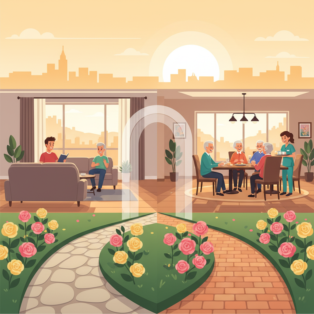 Two scenes showing aspects of care: seniors reading on a sofa and dining with a caregiver, with roses foreground.