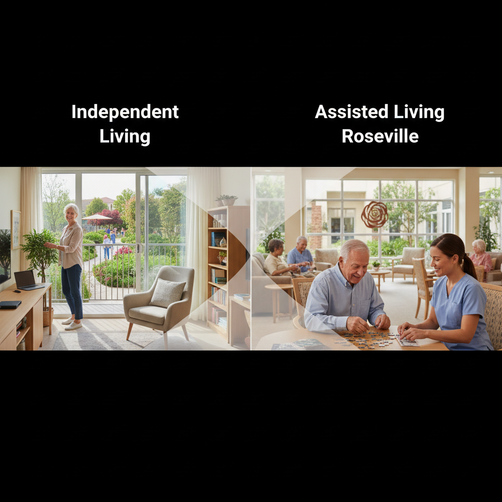 Split image contrasting independent living vs assisted living Roseville, showing active seniors in different settings.