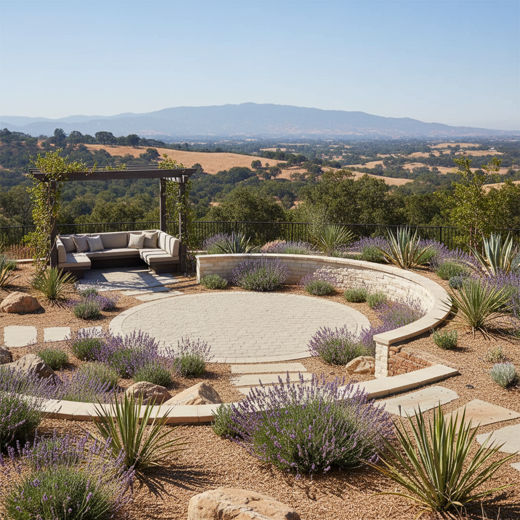 Drought-tolerant backyard with lavender, yucca, pavers, seating under a pergola, and mountain views. low maintenance backyard