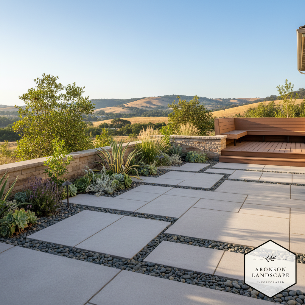 Modern paver patio with river rock accents, drought-tolerant plants, and a wood deck for low maintenance backyard ideas Place