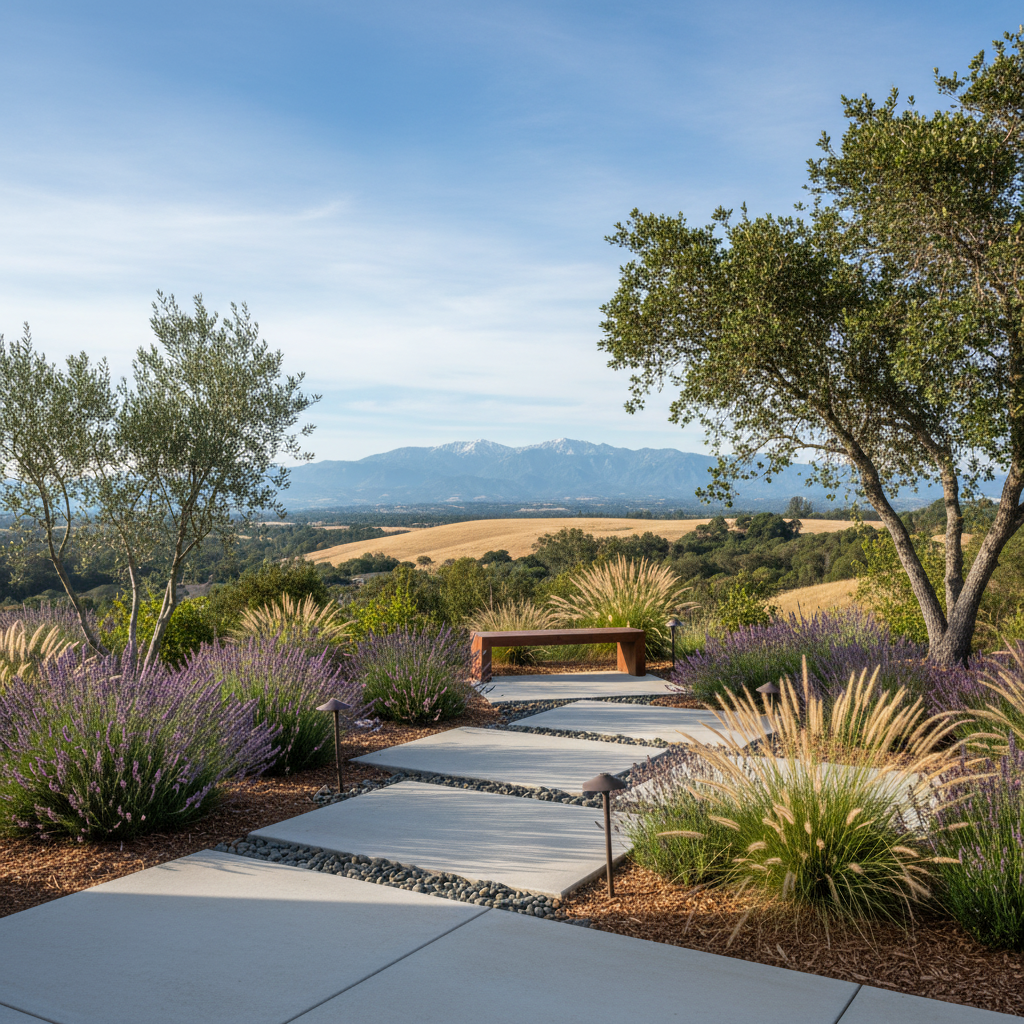 Paving stone path with low-maintenance lavender, ornamental grasses, olive tree, and oak tree, overlooking hills and mountain